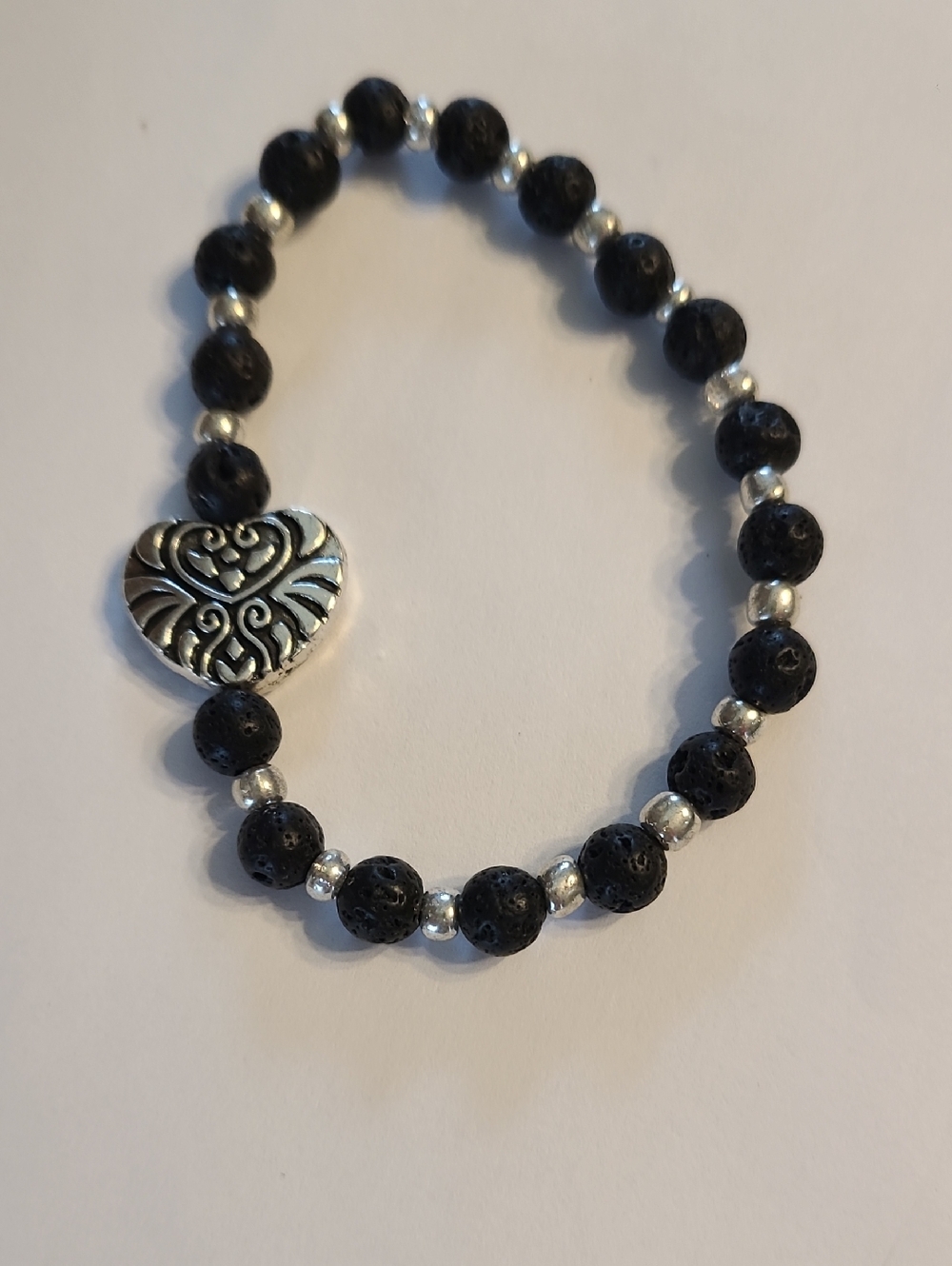 Black Lava Bead Heart Charm Stretch Bracelet